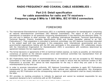 IEC 60966-2-5:2009 pdf download - Radio frequency and coaxial cable assemblies – Part 2-5: Detail specification for cable assemblies for radio and TV receivers – Frequency range 0 MHz to 1 000 MHz, IEC 61169-2 connectors