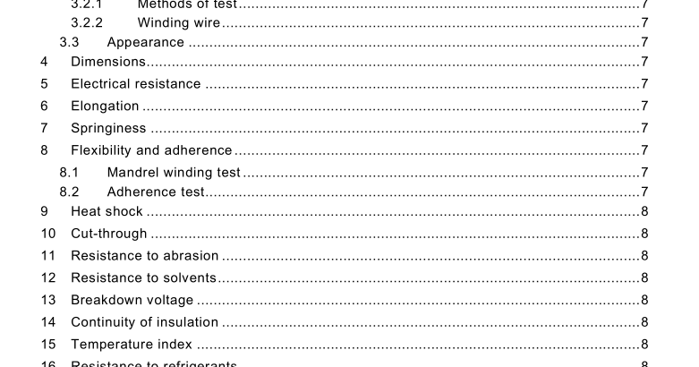 This part of lEC 60317 specifies the requirements of enamelled rectangular copper windingwires of class 105 with a sole coating based on polyvinyl acetal resin, which can be modifiedprovided it retains the chemical identity of the original resin and meets all specified wirerequirements. NOTE1 A modified resin is a resin that has undergone a chemical change,or contains one or more additives toenhance certain performance or application characteristics. NOTE 2 Polyvinyl acetate is a general name for a family of thermoplastic vinyl resins produced by thecondensation of polyvinyl alcohol with an aldehyde.Examples are polyvinyl acetal,polyvinyl formal and polyvinylbutyral. The range of nominal conductor dimensions covered by this document is:- width:min. 2,0mm max.31,5mm; - thickness: min. 0,80 mm max.10,00mm. Wires of grade 1 and grade 2 are included in this specification and apply to the completerange of conductors. The specified combinations of width and thickness as well as the specified ratio ofwidth/thickness are given in lEC 60317-0-2. Normative references The following documents are referred to in the text in such a way that some or all of theircontent constitutes requirements of this document.For dated references,only the editioncited applies.For undated references, the latest edition of the referenced document (includingany amendments) applies. IEC 60317-0-2:2020，Specifications for particular types of winding wires - Part 0-2: Generalrequirements - Enamelled rectangular copper wire 3Terms, definitions, general notes and appearance 3.1 Terms and definitions For the purposes of this document, the terms and definitions given in lEC 60317-0-2 apply. ISo and lEC maintain terminological databases for use in standardization at the followingaddresses: . IEC Electropedia: available at http://www.electropedia.orgl . Iso Online browsing platform: available at http://www.iso.orglobp